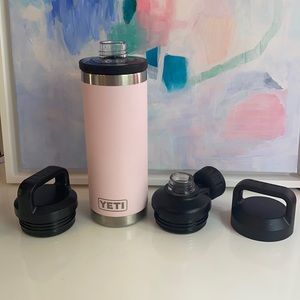 Yeti 18 oz pink ice rambler bottle with 3 lids